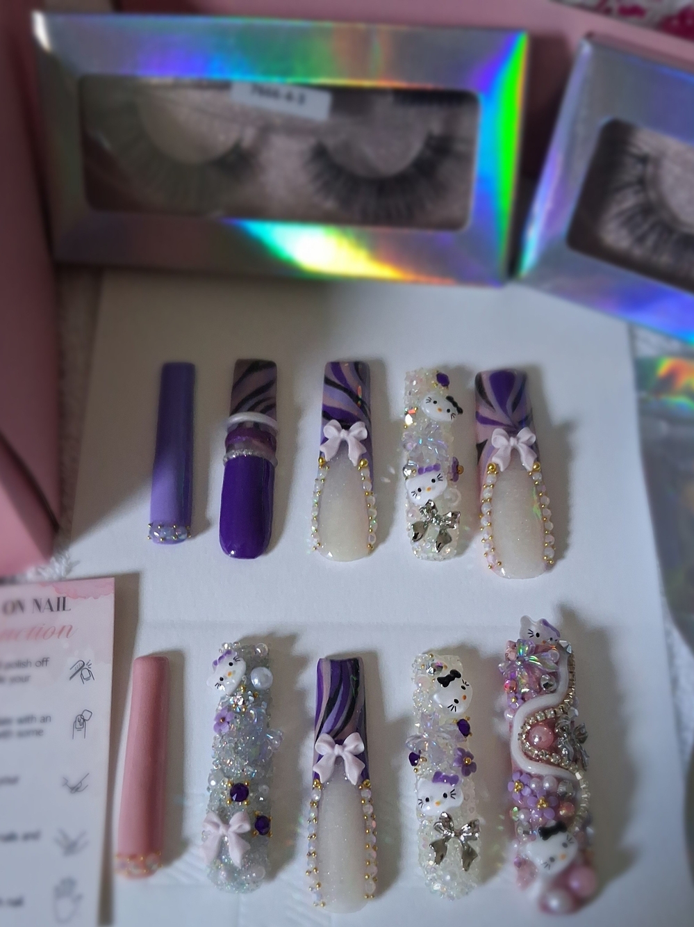 Handcrafted Purple & White 3D Press-On Nail Set with Rhinestones
